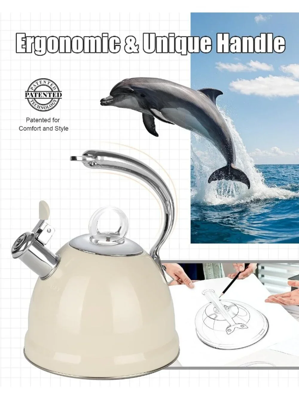 2.5 Qt Stainless Steel Whistling Tea Kettle for Gas, Electric Induction White